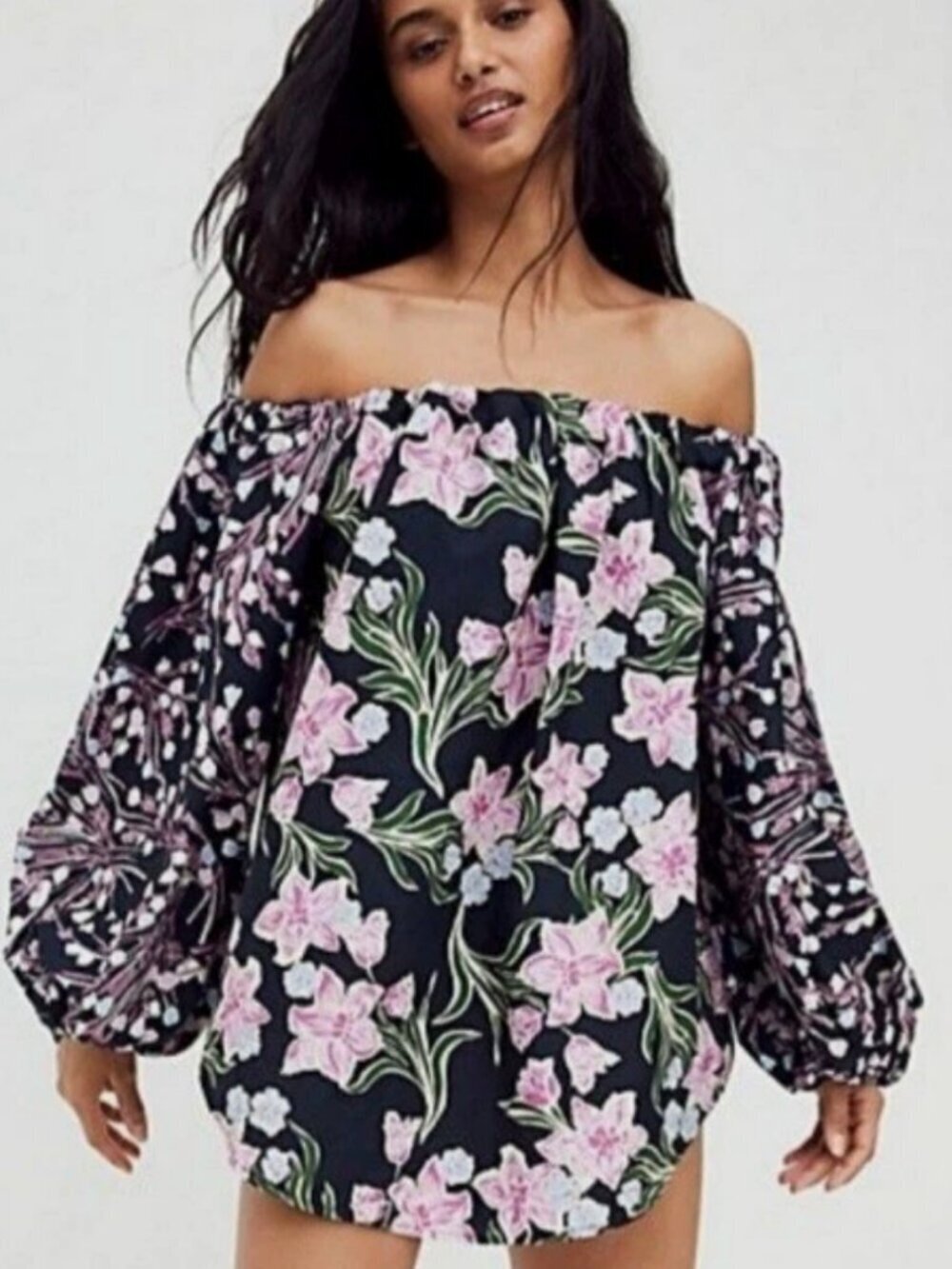 Free People Gardenia Tunic Top Blouse Off Shoulder Black Floral Womens XS Boho